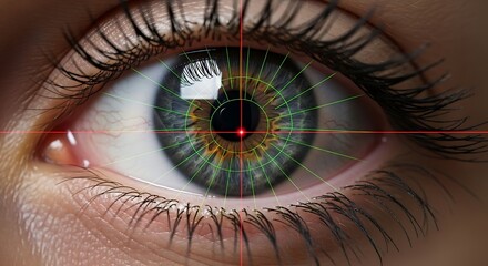 Close-up of a human eye with a laser beam scanning across the iris, symbolizing advanced vision technology and medical examination.