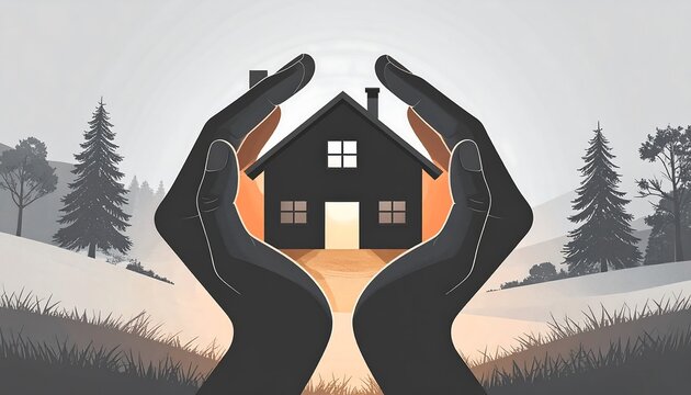 Hands protecting a house in a landscape
