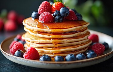 Stack of golden pancakes topped with fresh raspberries, blueberries, and strawberries drizzled with maple syrup on a ceramic plate