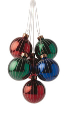 Festive ornaments hanging in a decorative display.