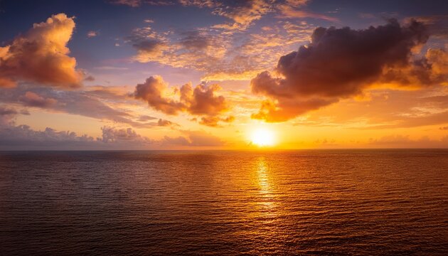 Sunset Sky Clouds Over Sea In The Evening With Orange Yellow Gold Sunlight Sun Dawn In Golden Hour And Dramatic Fluffy Horizon Morning Sunny Sunrise Sea Summer Sky Landscape Dusk Sky Background