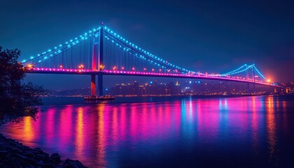 Fototapeta premium Illuminated suspension bridge at night with vibrant blue and pink lights reflecting on calm water under deep blue sky