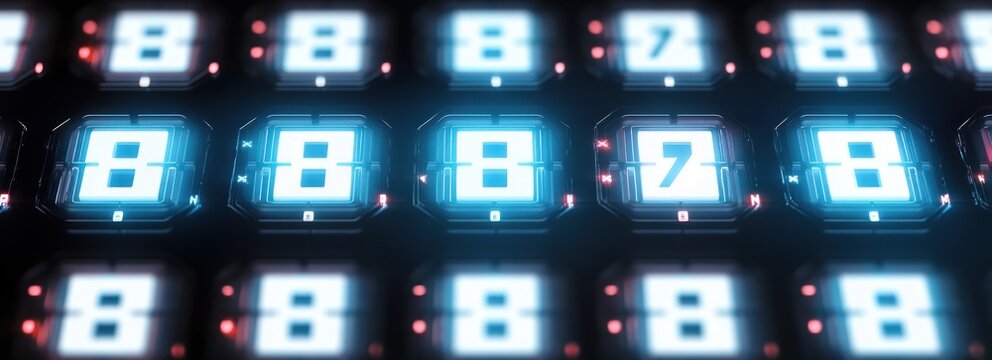 Close-up of futuristic digital number displays glowing in blue, showing repeating digits with a focus on the numbers seven and eight emitting a technological vibe