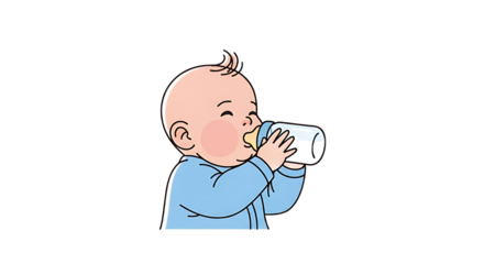 Cute baby in a blue onesie drinking from a bottle