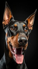 Portrait of a Doberman dog on a black background, close-up of the muzzle.