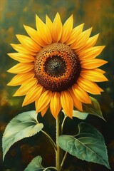 Obraz premium Bright yellow sunflower with detailed petals and large green leaves against a blurred natural background, showcasing vibrant and lively nature beauty