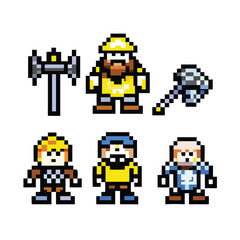 Dwarf Characters 8-Bit Pixel Art Set Retro RPG Hero and NPC Sprites