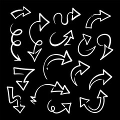 Collection of hand-drawn doodle arrows with different shapes and directions on a black background.