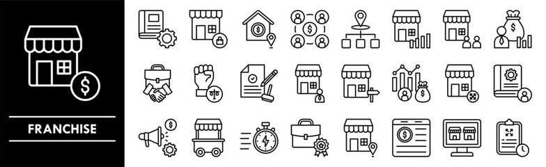 Franchise icon collection set. Containing design business, marketing, franchise, retail, commerce, store