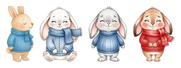 Cute cartoon bunnies set including white, beige, and brown characters in blue and red sweaters and scarves isolated. Adorable winter animal collection.