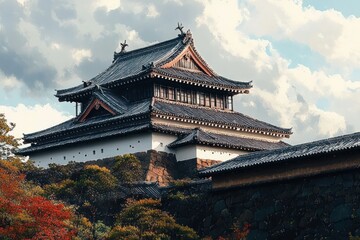 Fototapeta premium Traditional Japanese castle with multi-tiered tiled roofs surrounded by stone walls and autumnal trees under a partly cloudy sky conveying historic tranquility