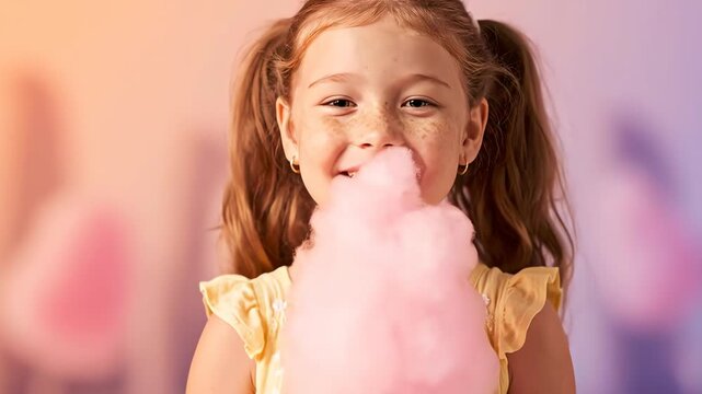 A happy young girl with freckles enthusiastically eating pink cotton candy at a fun fair or carnival