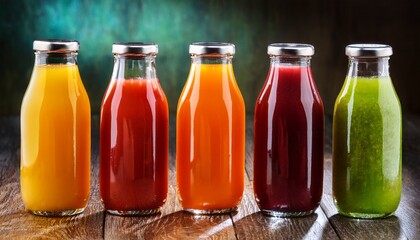 Assorted Fruit Juice Drinks In Glass Bottles On Wooden Table