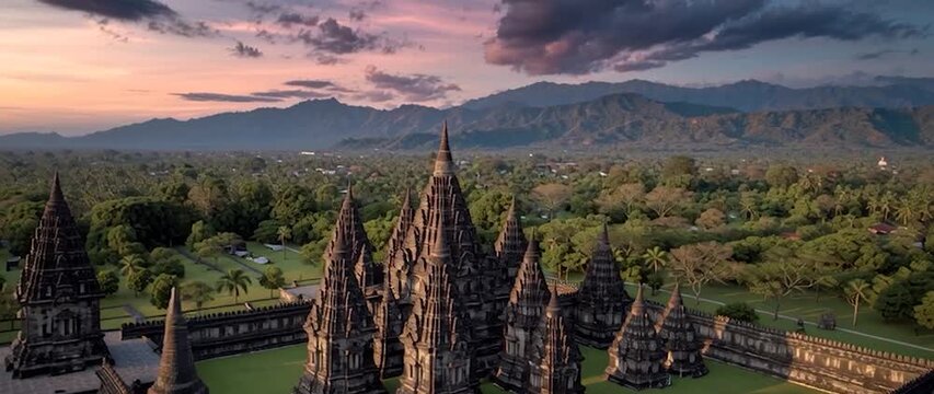 Aerial View of Ancient Hindu Temples Surrounded by Green Forest. Perfect for concepts related to travel, cultural heritage, history, and religious themes.