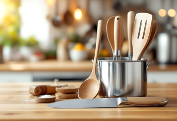 Still life of kitchen utensils in a pot on a wooden countertop with a blurred background.