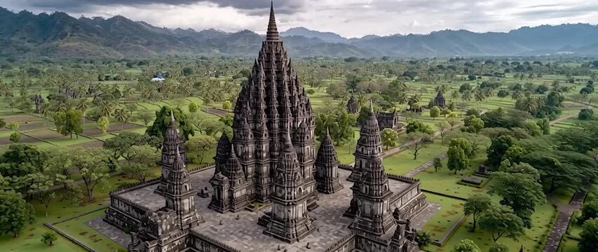 Aerial View of Ancient Hindu Temples Surrounded by Green Forest. Perfect for concepts related to travel, cultural heritage, history, and religious themes.