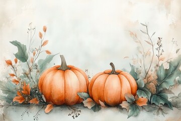 Two orange pumpkins resting on a bed of green and orange autumn leaves and delicate branches against a soft, muted background