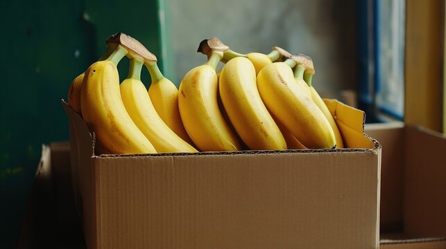 Bright yellow bananas neatly arranged in bunches inside a cardboard box near a window with soft natural light