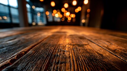 utensil. A wooden table with subtle grain texture and abstract bokeh lights, creating a warm and inviting restaurant ambiance. menu design.
