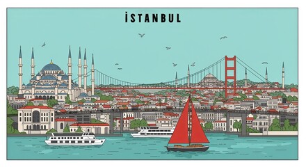 Obraz premium Istanbul Cityscape: An architectural panorama of Istanbul, a historic city, where the majesty of the cityscape is painted against the backdrop of a serene day.