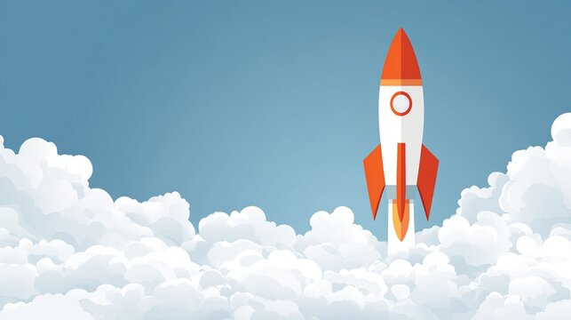 A cartoon rocket launches through a fluffy cloud formation against a pale blue sky