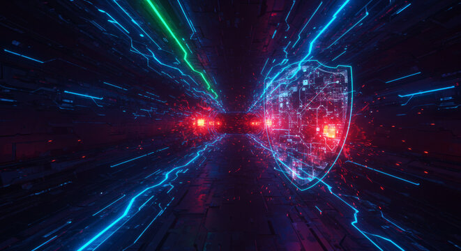 Abstract digital network tunnel with glowing circuit lines leading to a strong cybersecurity shield, symbolizing robust data protection and internet defense