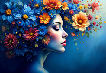 Woman's face profile with vibrant colorful flowers in her hair against a blue gradient background with cinematic lighting.