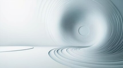 Minimalist abstract interior space with smooth, curved concentric ridges forming a tunnel-like structure bathed in soft white and light gray tones