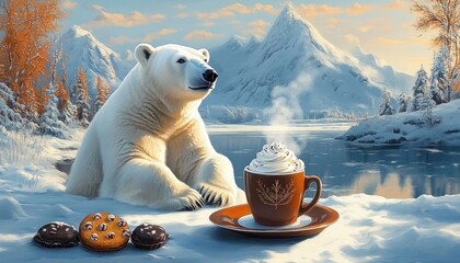 polar bear relaxing by a frozen lake with snowy mountains in the background enjoying a hot beverage and cookies on a winter day