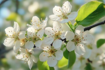 Fototapeta premium Close-up of delicate white blossoms with light green leaves on a tree branch in bright natural sunlight