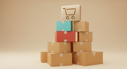 Obraz premium Online Shopping Stack: A visually appealing collection of cardboard boxes, neatly arranged and stacked, with an eye-catching shopping cart icon atop.
