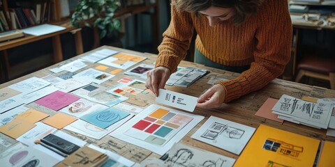 Person leaning over a wooden table covered with colorful sketches, drawings, and color swatches carefully examining a card with text, focused creative workspace
