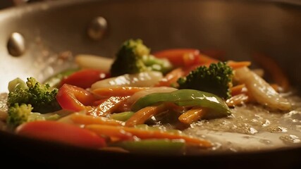 Close-up macro shot of colorful fresh vegetables sizzling in a pan with bubbling oil, healthy