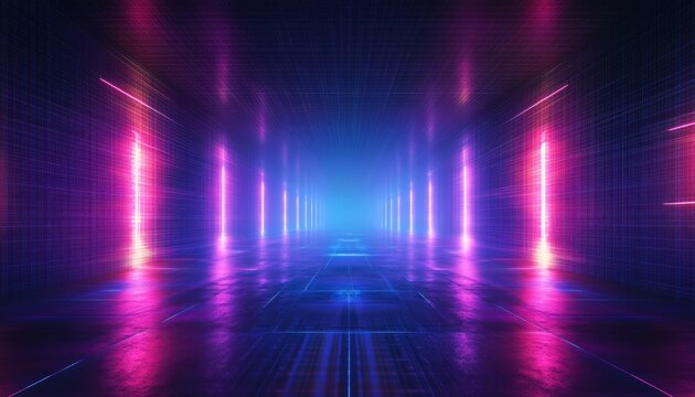 Futuristic corridor with glowing vertical neon lights in purple and pink hues reflecting on shiny floor, creating a sense of depth and digital atmosphere