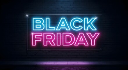 Luminous neon sign advertising a significant annual retail sales event on a dark brick wall background