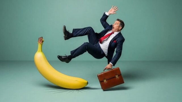 Businessman in suit slips on banana peel experiencing an unexpected accident.