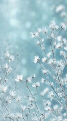 Delicate white flowers on thin branches against a soft blue background. The scene conveys a serene and tranquil atmosphere, ideal for nature themes.