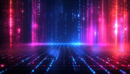 Abstract digital landscape with glowing vertical light streams in pink, purple, and blue hues over a grid of twinkling points creating a futuristic immersive environment