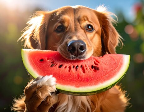 Golden retriever dog with watermelon