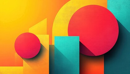 Colorful abstract geometric composition with red circles, yellow and teal rectangles casting long shadows on vibrant orange and blue background