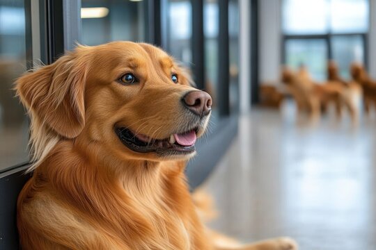 happy golden retriever dog sitting indoors near glass walls with reflection of another dog in the background
