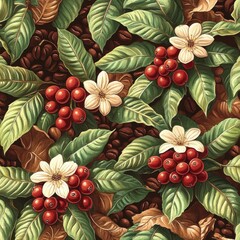 Close-up illustration of coffee plant with ripe red coffee cherries, white flowers, green and brown leaves, and scattered coffee beans expressing natural richness