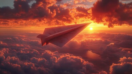 a red paper airplane soaring above dramatic clouds at sunset with a glowing sun on the horizon and warm orange lighting