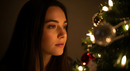 A young woman with long dark hair gazes thoughtfully at a brightly lit Christmas tree, reflecting the warm glow of the holiday lights.