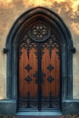 ornate gothic arched wooden door with intricate wrought iron detailing set in aged stone wall under soft natural light