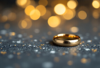 Close-up shot of a gold wedding band resting on a dark gray surface sprinkled with gold glitter, illuminated by warm, bokeh-style lights in the background, conveying a romantic and celebratory mood.