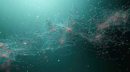 Abstract network of interconnected nodes and lines suspended in a teal environment, evoking complexity and digital communication