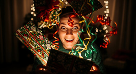 Fototapeta premium A surprised woman with wide eyes opens a glowing gift box surrounded by presents and ribbons.