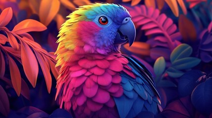 Obraz premium vibrant close-up of a colorful parrot with bright blue, pink, and yellow feathers surrounded by vivid tropical foliage in warm orange and purple hues