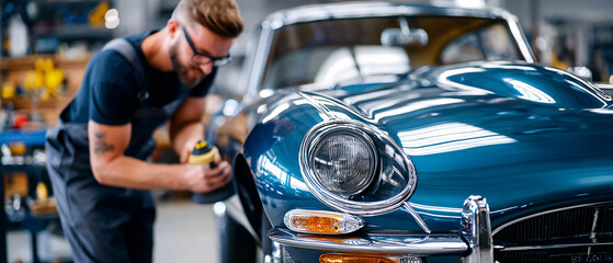 Classic Car Restoration in an Auto Shop With a Focused Mechanic Working on a Vintage Vehicle